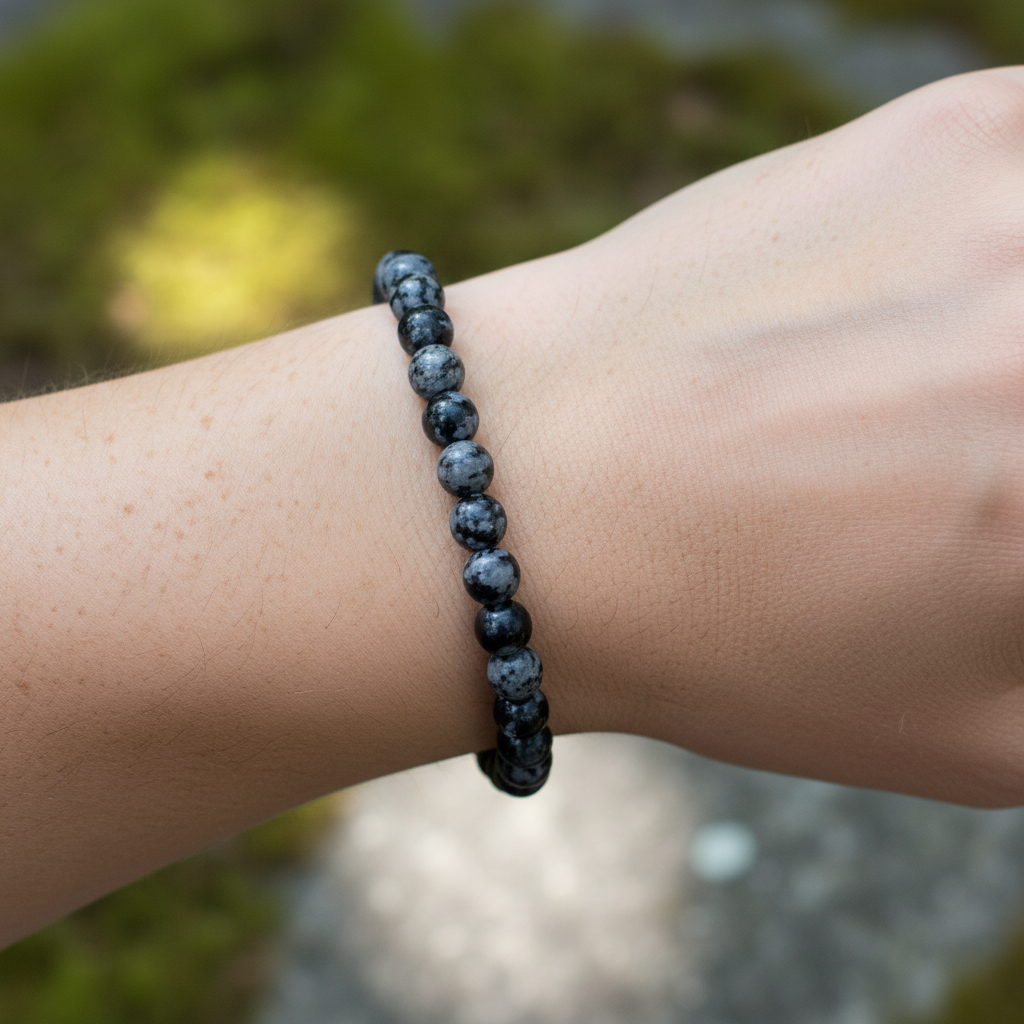 Bracelet en perles - Obsidienne Flocon de Neige / Mouchetée (6 mm)