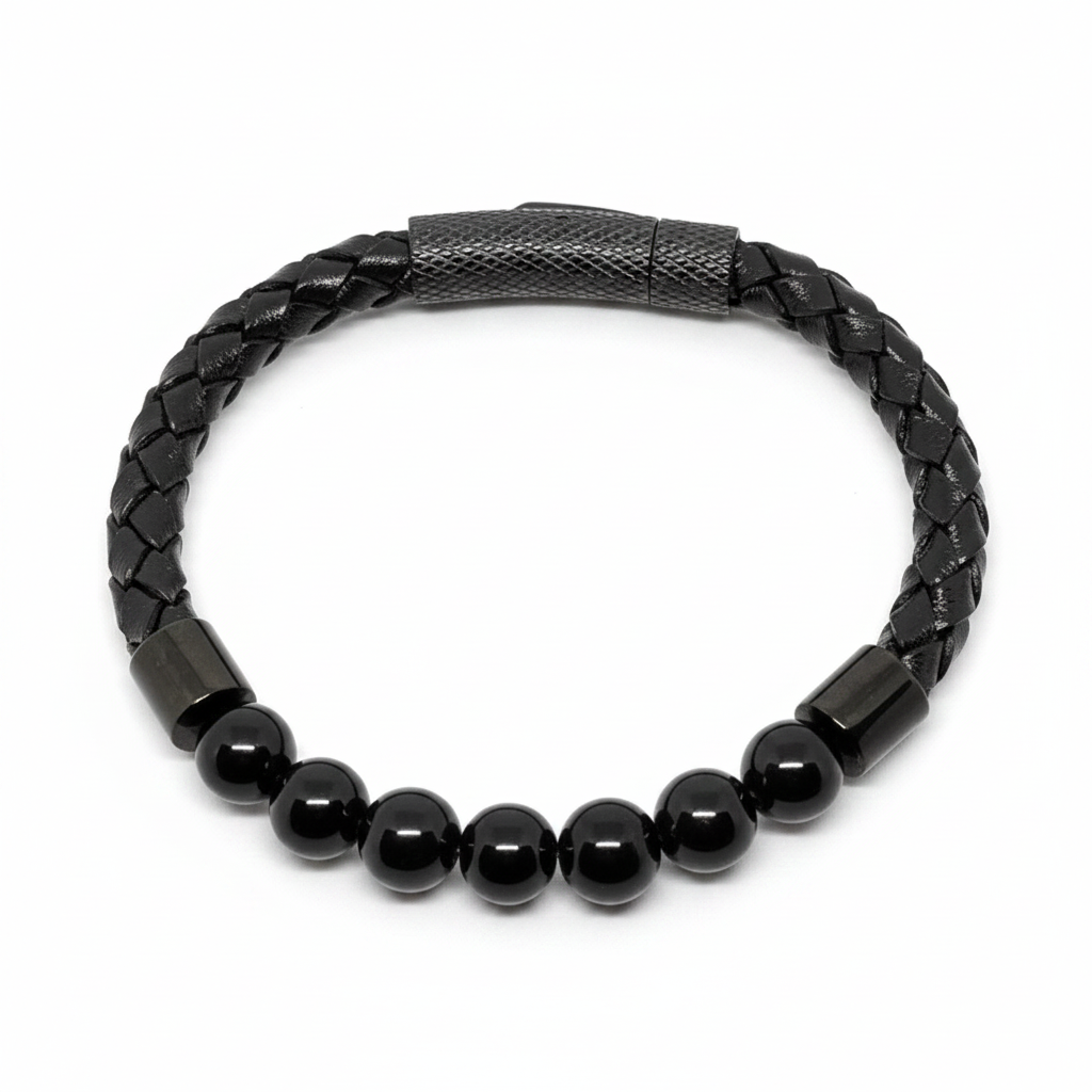 Bracelet en perles Simple Cuir - Obsidienne Noire