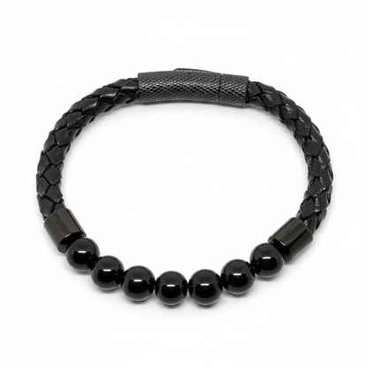 Bracelet en perles Simple Cuir - Obsidienne Noire