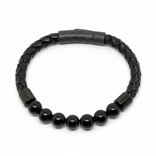 Bracelet en perles Simple Cuir - Obsidienne Noire