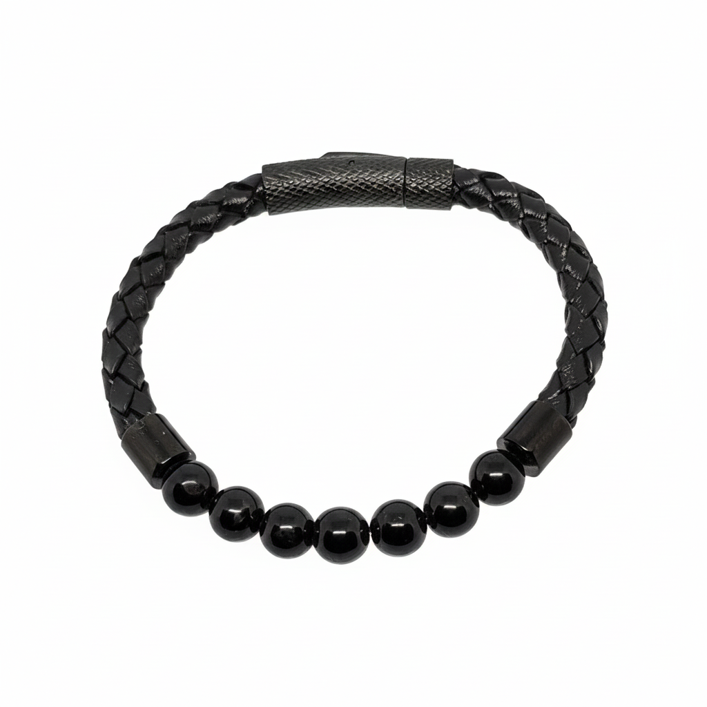 Bracelet en perles Simple Cuir - Tourmaline Noire