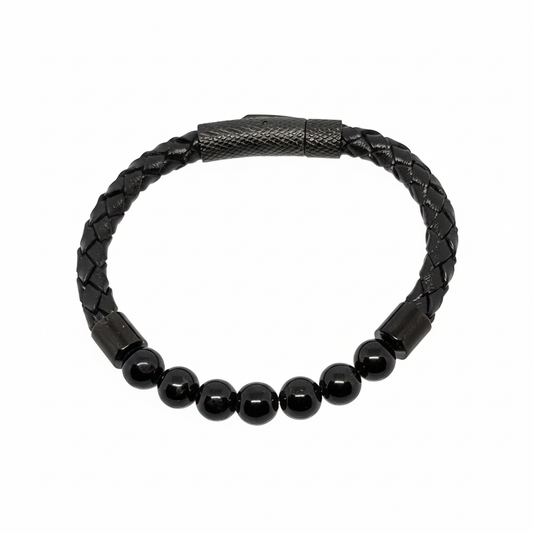 Bracelet en perles Simple Cuir - Tourmaline Noire