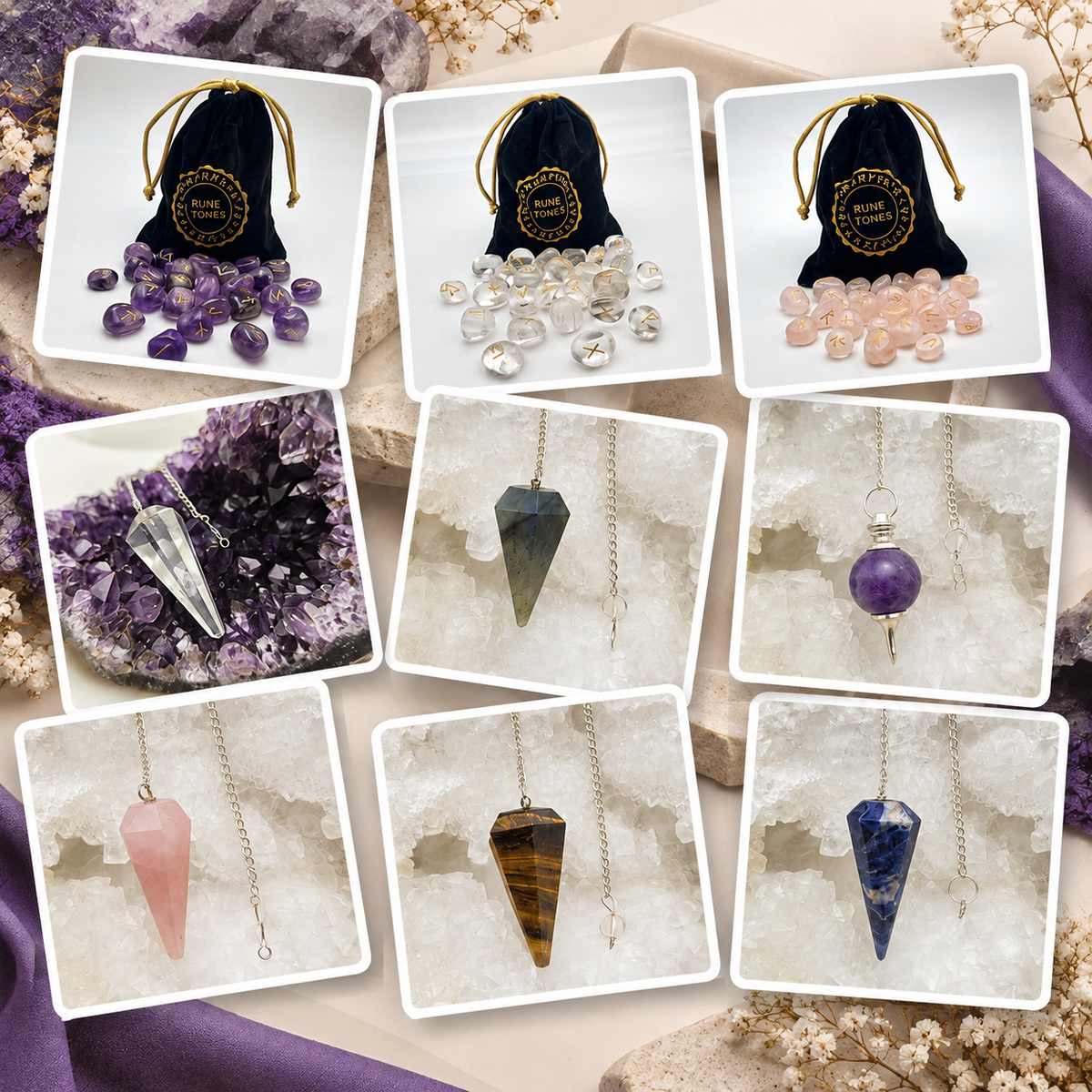 Pack Boutique Ésotérique Signature – 24 pendules + 9 runes
