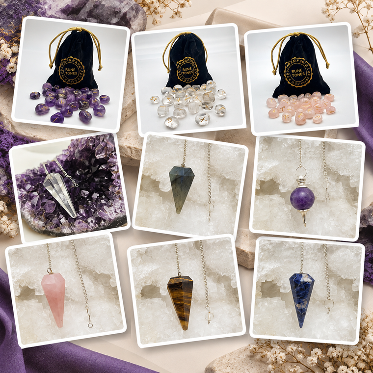 Pack Boutique Ésotérique Signature – 24 pendules + 9 runes